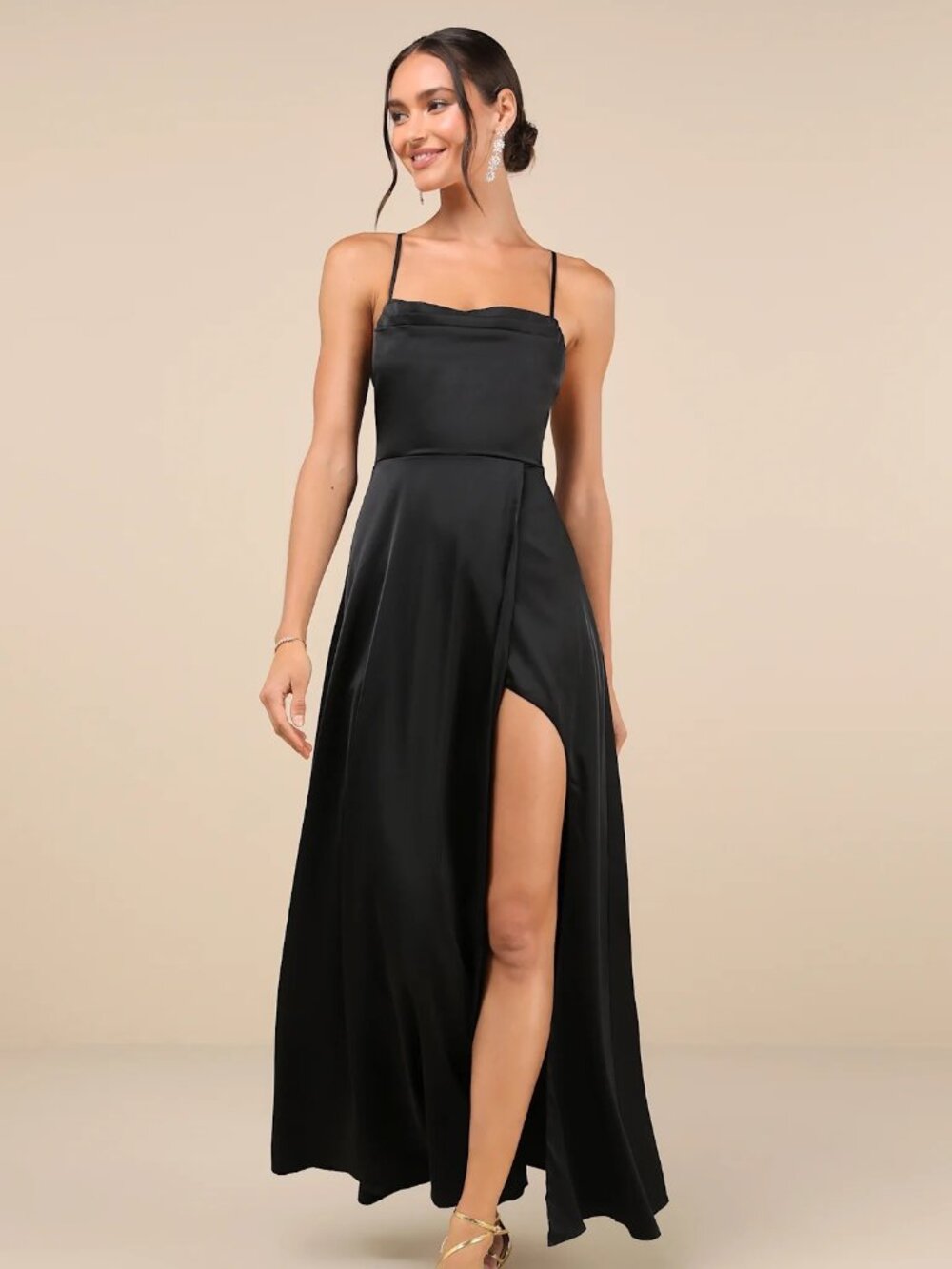 Lulus So Loving Black Satin Pleated Lace-Up Backless Maxi Dress Size XS